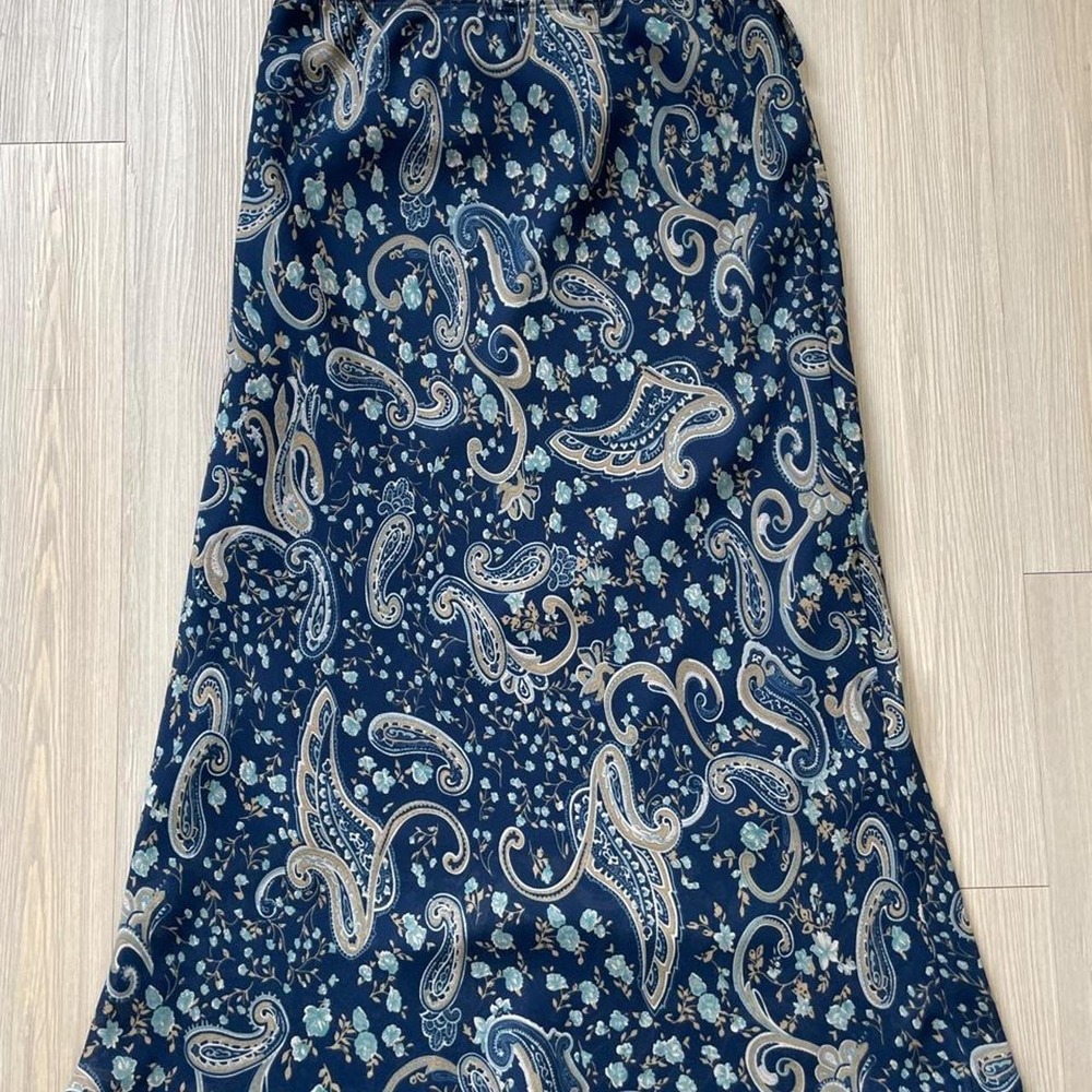 Pantology Women's Blue Paisley A-Line Midi Skirt Elastic Waist Size M Vintage